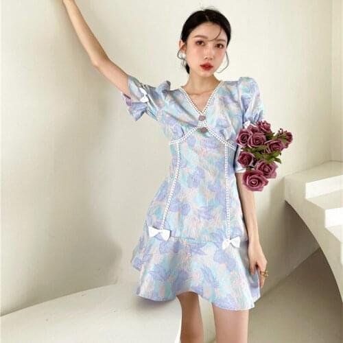 2021 Summer New Korean Jacquard Dress Women V-neck Puff Sleeve Bow Flower High Waist Fishtail Dress