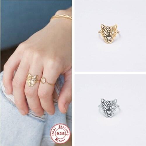 100% 925 Sterling Silver Opening Ring European and American Animal Black Panther Adjustable Finger Rings for Woman Couples Ring