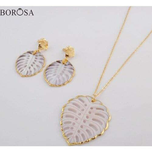 BOROSA 2/3Sets New Gild Hollow Leaf Shape White Shell Earrings & Necklace Jewelry Sets New Shell Beach Jewelry as Gifts G1799