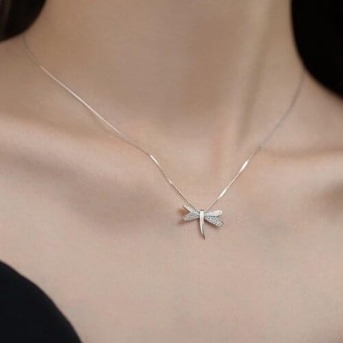 925 Sterling Silver Box Chain Crtsral Dragonfly Charm Necklaces Pendants Choker Statement Necklace For Women Party Jewelry dz112