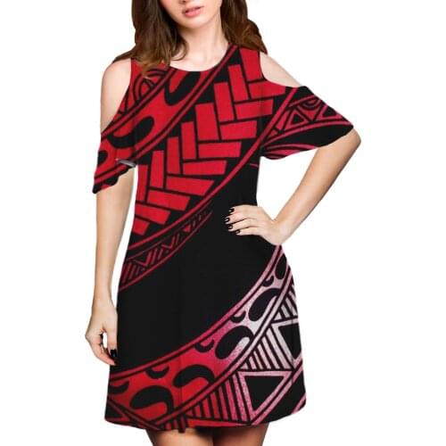 Hycool Polynesian Tribal Stripe Design Women Short Sleeve Red Dress Bespoke Lady Charming Sexy Dresses Wholesale Low Price Gowns