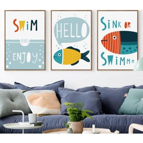 07G Simple Abstract Cartoon Ocean Fish English A4 Canvas Art Painting Print Poster Picture Wall Child Room Home Decoration Mural