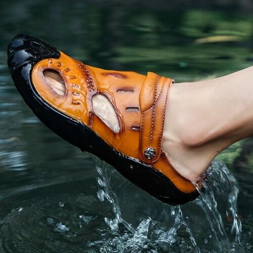 Mens Shoes High-quality Leather Men Sandals Summer Outdoor Beach Shoes Hollow Breathable Quick-drying Wading Shoes Men Big Size