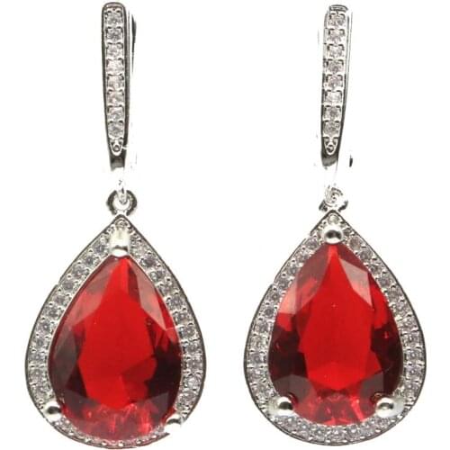 28x14mm Lovely Drop Water Jewelry Set Created Red Ruby CZ For Ladies Daily Wear Birthday Gift Silver Pendant Earrings