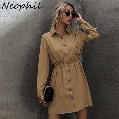 Neophil 2021 Shirring Single Breasted A-Line Mini Dresses High Waist Vestido Long Sleeve Office Lady Elegant Short Dress D21711