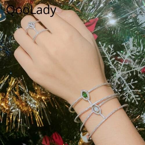 QooLady 2020 New Exquisite Micro Pave CZ Setting Cuff Bracelets Bangle Captivate Open Ring Set for Trendy Women Men Jewelry Z086