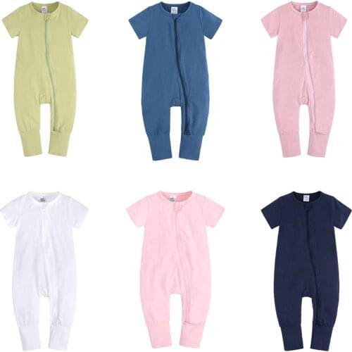 New Style Baby Girls Boys Romper Solid Color Zipper Cotton Short Sleeve Infant Pajamas Bodysuit For Newborn Baby Jumpsuit 6-24M
