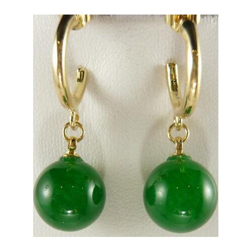 Charming 12mm green Natural jade bead 18kgp earrings