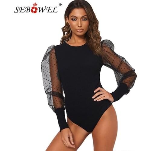 SEBOWEL Casual Long Sleeve O-Neck Mesh Gauze Puff Sleeve Bodysuit for Woman Spring Female Polka Dot Sleeve Knit Body Top Clothes