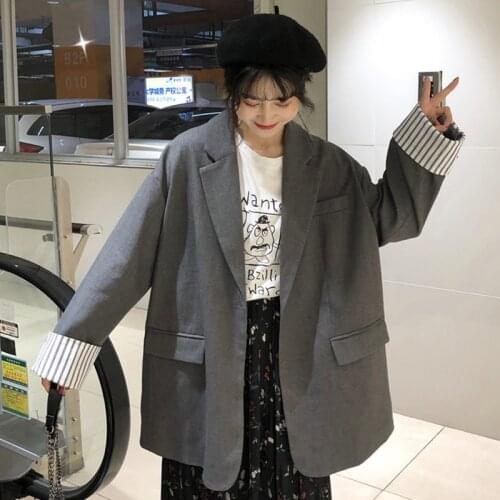 Harajuku simple suit large size 2019spring autumn womens Korean version loose thin single-breasted suit stitching casual coatz1