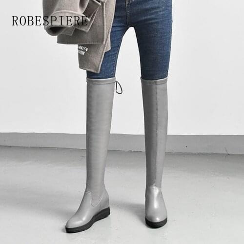 ROBESPIERE Increase Within Over The Knee Boots Women Genuine Leather Stretch Lady Shoes Warm Plush Platform Large Size Boot B162