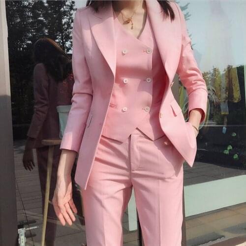 Pink Womens Formal Slim Fit 3 Pieces Suit Female Custom Made Office Work Wear Suits Stylish Terno Feminino Blazers Pants Vest