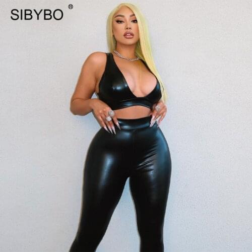 Sibybo Black PU Leather 2 Piece Set Women Matching Sets Summer V-Neck Crop Top And Long Pants Suit Femme Streetwear Outfits 2021