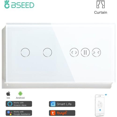 BSEED 2 Gang EU Standard Smart Wifi Touch Switch With Smart Curtain White Crystal Glass Panel Smart Blind Work With Tuya App