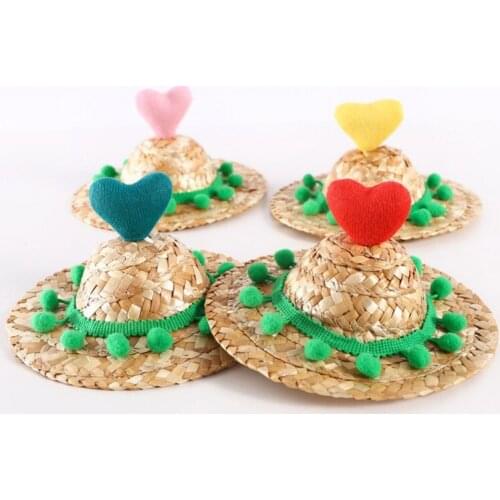 Pet Dog Cat Straw Woven Sun Hat Adjustable Love Ball Yellow Love Hat Sombrero Pet Supplies Cute Dogs Costume