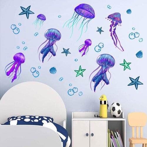 Creative Jellyfish Starfish Wall Stickers for Kids rooms Bathroom Wall Decor Removable PVC Wall Decals Cartoon PVC Wall Sticker