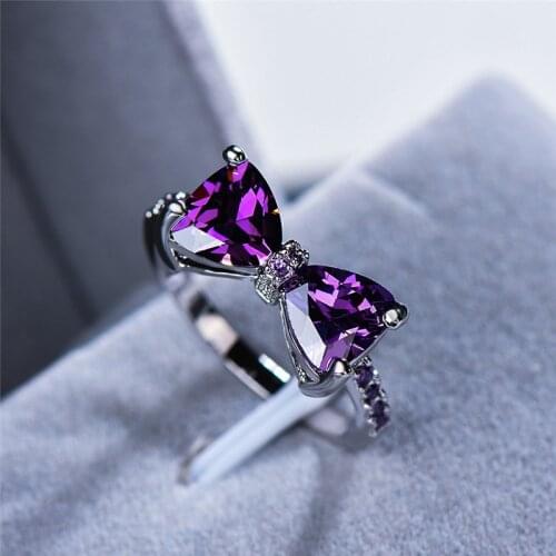 Vintage Silver Color Thin Wedding Ring Dainty Bridal Crystal Engagement Ring Cute Female Rainbow Bowknot Zircon Rings For Women