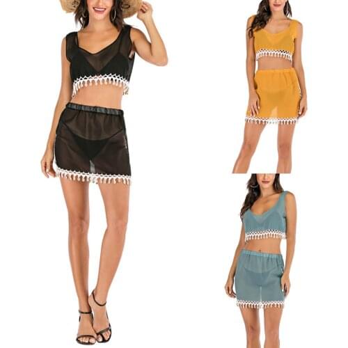 Women Summer Sexy Bikini Cover-Ups Two-piece Beachwear Clothes Set U Neck Crop Tops Tassel Skirt Swimwears Outfits