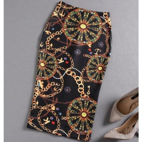 2020 spring summer women retro elegant printed skirt women high waist knee length package office lady pencil skirt