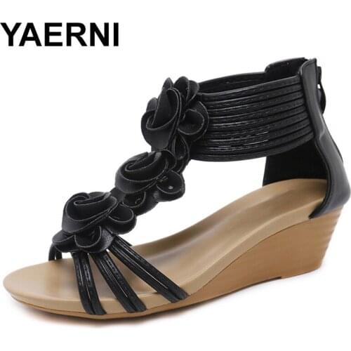 YAERNIWomen Gladiator Sandals Summer New Woman Fashion Platform Mid Heels Open Toe Wedge Sandals Soft Leather Sexy Casual Shoes