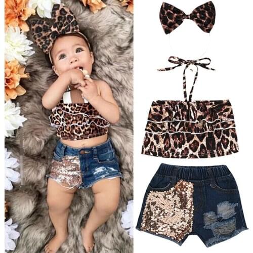 2-6Y Summer Toddler Kids Set Girl Clothes Outfits Girls Leopard-print Stretch Top+Sequins Woven Denim Shorts+Headband 3pcs Suits