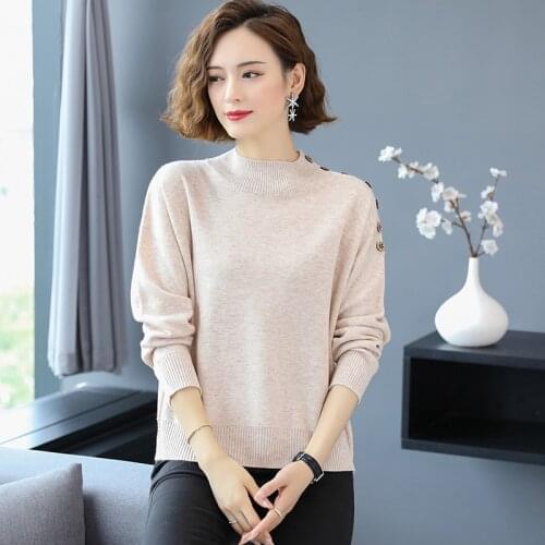 Women Wool Sweater Elegant Batwing Sleeve Sweater Female Pullovers Buttons Design Sweater Long Sleeve
