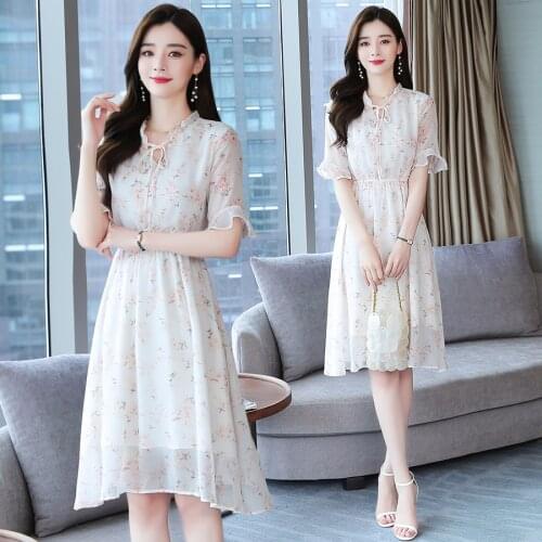 2021 Korean Elegant Women Casual Beach Dress Bodycon Party Ruffle Vestidos Summer New Vintage Floral Chiffon Boho Midi Sundress