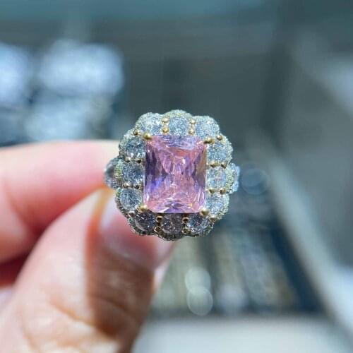 New Fashion 925 Silver Luxury Color Treasure Ring Imitation Natural Pink Diamond Princess Square Temperament Jewelry For Women