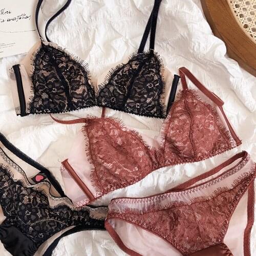 Ultrathin Lingerie Sexy Lace Side Collection Ladies Underwear Beautiful Small Women Sleepwear Breathable Thin Cotton Bra Set