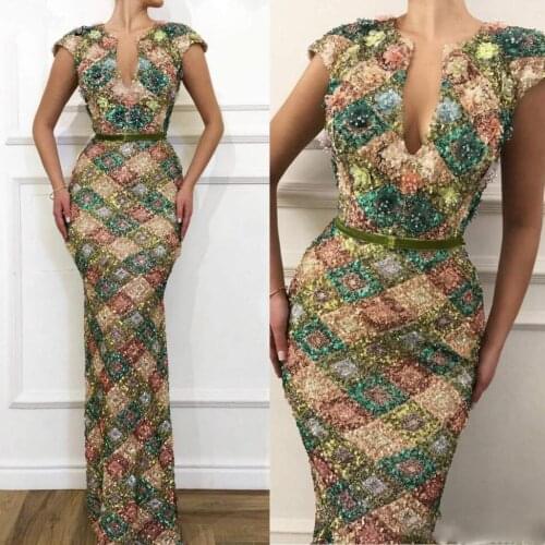 Chic Sequins Long Mermaid Prom Dresses 2020 Sparkly Cap Sleeve V-neck Arabic Women Occasion Mermaid Evening Gowns robe de soiree