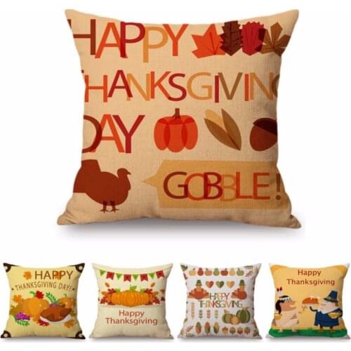 18" Cartoon Thanksgiving Decoration Throw Pillow Case Cotton Linen Autumn Pumpkin Leaves Letter Print Square Sofa Cushion Cover