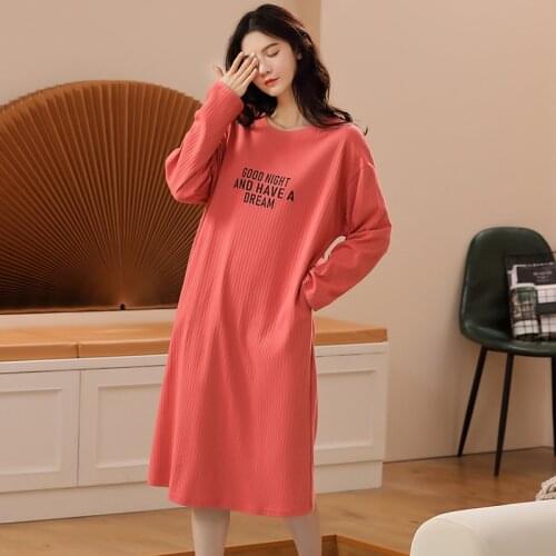2021 Autumn Long Sleeve 100% Cotton Nightgowns for Women Korean Sleepwear Long Dress Night Gown Nightdress Nightwear Home Nighty