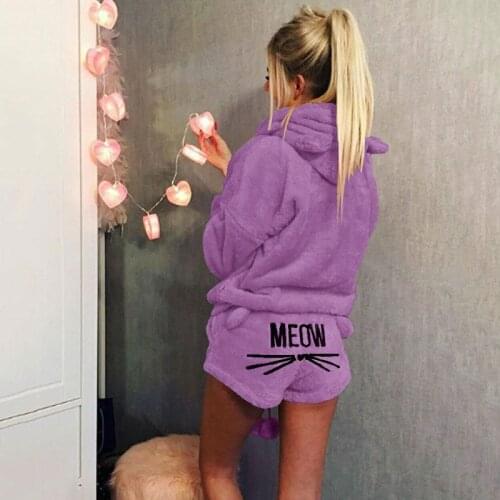 Velvet Suit Two Piece Autumn Winter Pajamas Warm Sleepwear Cute Cat Meow Pattern Hoodies Shorts Set 2018 New