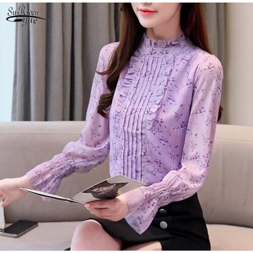 Chemisier Femme 2020 Spring Long Sleeve Floral Chiffon Women Blouses and Tops Flare Sleeve Print Ladies Shirt Female 8219 50
