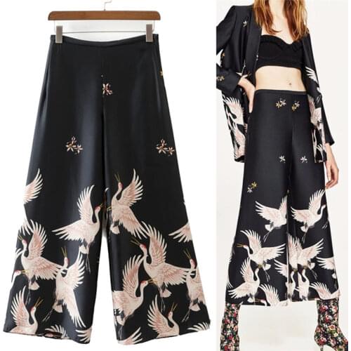 Spring Summer Women Casual Pants Retro Crane Pattern Print Loose High Waist Wide Leg Pants Female Trousers Black