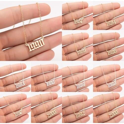 10 Pieces Old English Number Necklace Gold Silver Color Stainless Steel Link Chain Birthday Gift Personalized Birth Year Jewelry
