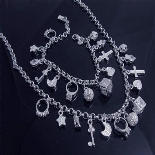 Charmhouse Silver 925 Jewelry Sets For Women 13 Charm Necklace+Bracelet Collier Puleira 2pcs Set Wedding Jewelry Accessories