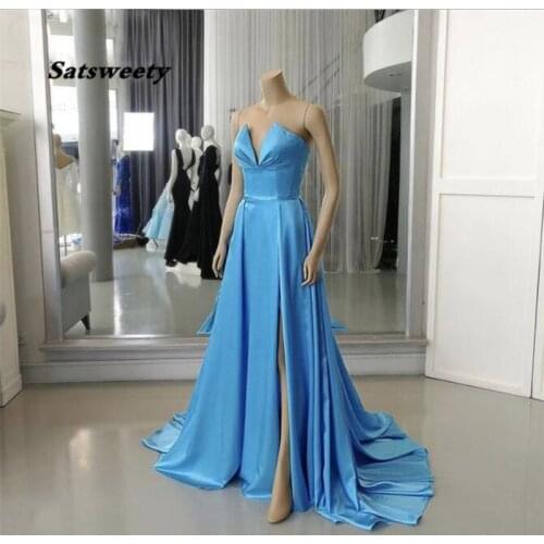Elegant Blue Long Evening Dresses 2021 Sweetheart High Slit A Line Prom Dress Women vestidos de fiesta Semi Formal Gowns Custom