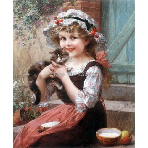 Classical figure canvas prints oil painting beautiful girl angel oil painting printed on canvas cat wall art decoration picture