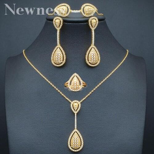 Newness Luxury Water drop Cubic Zirconia Necklace Bracelet Earring Ring Sets Women Wedding African Dubai Bridal Jewelry Set