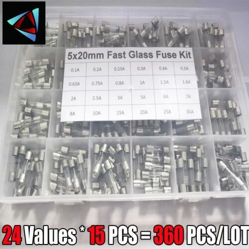 360Pcs/Box 24Values 5x20mm Fast Glass Fuse Kit In Package 0.2A 0.5A 1A 2A 3A 5A 6A 8A 10A 15A /250V 5*20 Insurance Tube Package