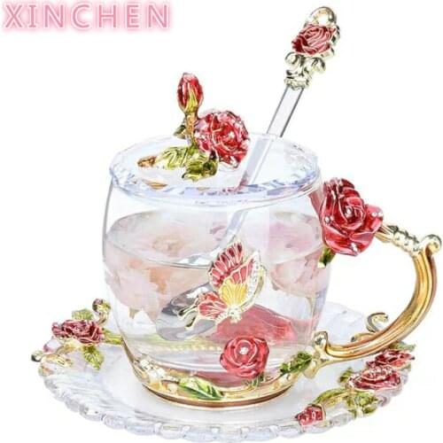 Red Rose Enamel Coffee cup Mug Crystal Glass Cups and mugs High-grade Tea Cup Drinkware Gift Couple Mug For Lover Tea Set
