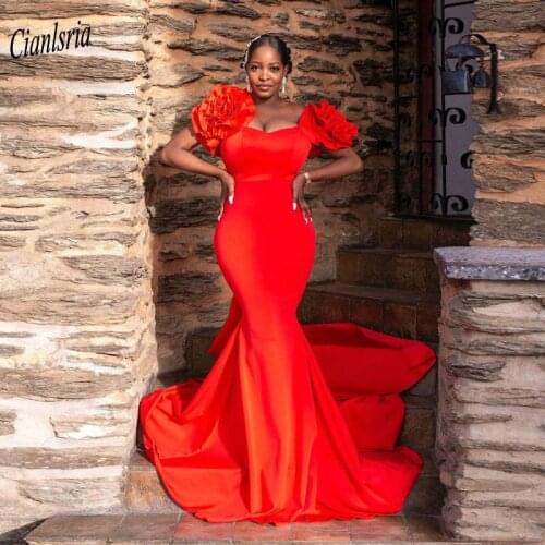Red Off The Shoulder Nigerian African Long Mermaid Evening Dress With Handmade Flowers Simple Satin Formal Evening Party Dresses