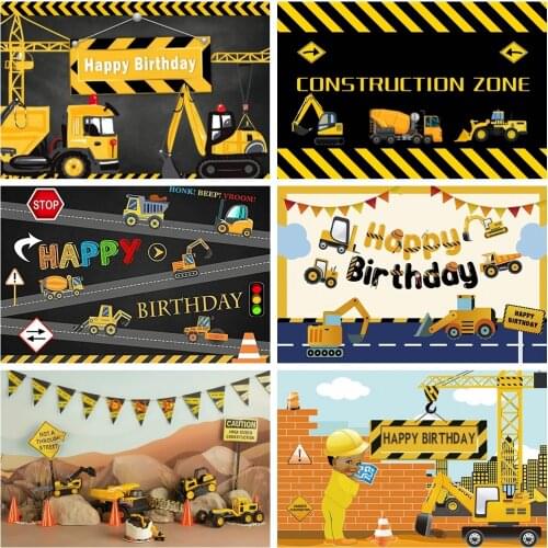 Laeacco Birthday Photophone Traffic Construction Zone Truck Excavator Photography Backdrops Photo Backgrounds Baby Photozone