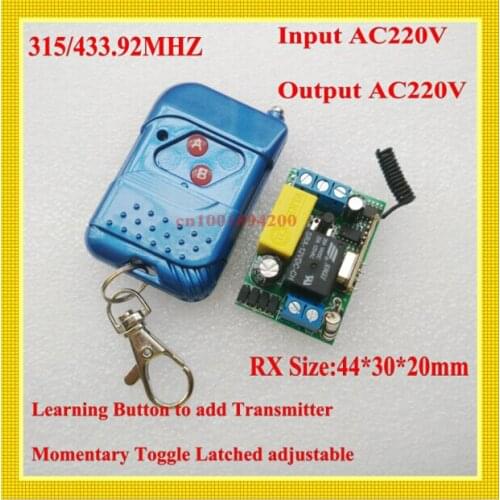220V 1CH 10A Mini Receiver Transmitter RF Wireless Remote Switch Momentary Toggle Latched Adjustabl Input Output AC220V 315/433