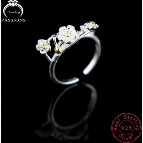 Fashion Fine Sakura 925 Sterling Silver Rings Open Adjustable Three Plum Flower Ring Ethnic Style Women Jewelry Gift Wholesale