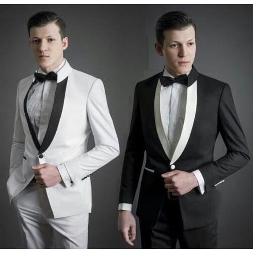 Mens Suits For Wedding Black Groom Tuxedo White Costume Homme Stand Collor Groomsmen Blazer 2Piece Terno Masculino Traje Hombre