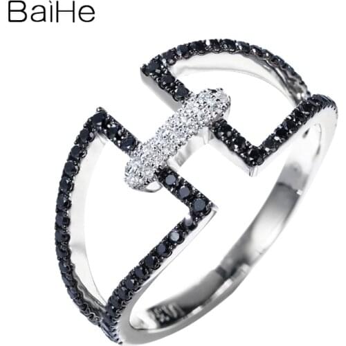 BAIHE Solid 14K White Gold White Diamonds Black Diamonds Rings Wedding Band Man Ring Women Ring Fine Jewelry Making Birthday