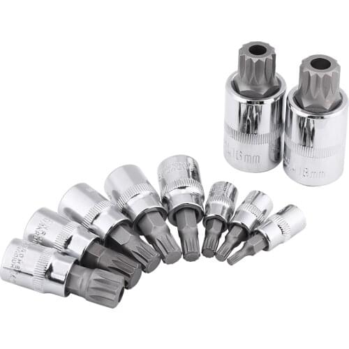 10Pcs 12 Point Triple Square Splined Bit Socket Set M4-M18 1/4" 3/8" 1/2" Drive Repair Tool Kit for automobile repair maintenanc