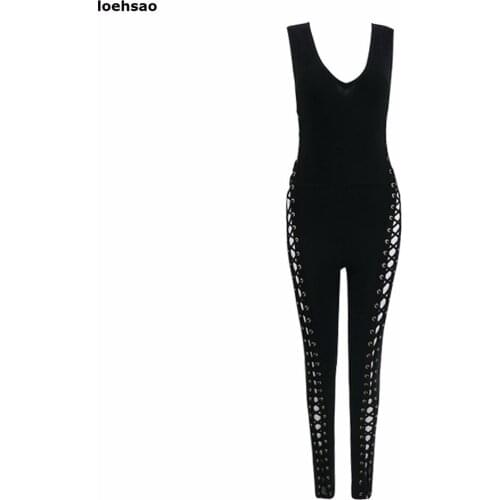 New women Bandage Jumpsuits Black Casual Lace Up Full Length Evening Club Party Bodysuit Jumpsuit Romper Elastic Waist MY4035